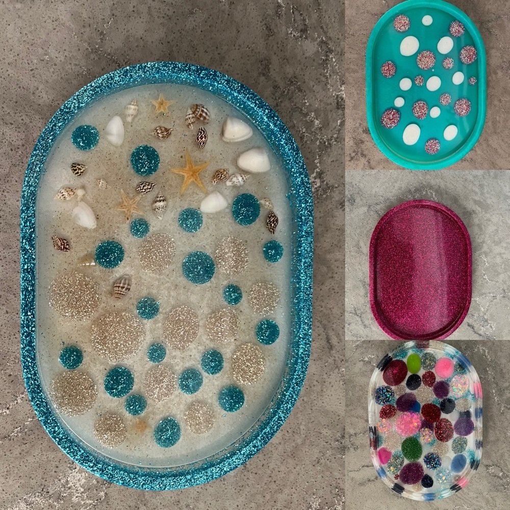 Hand Crafted Sparkling Resin Tray Set - Teal, Magenta, Gold